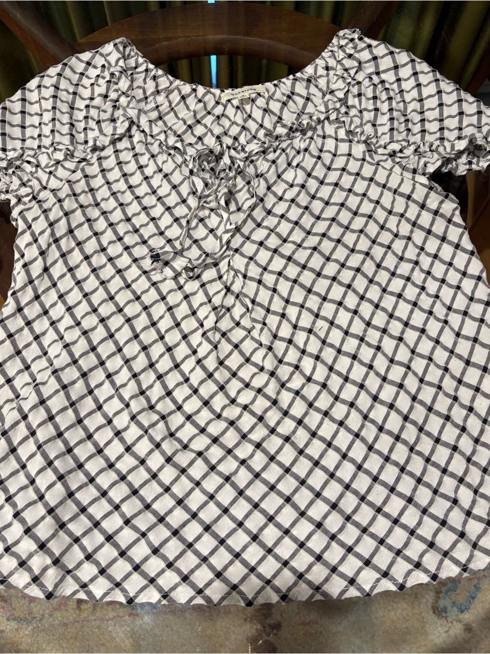 Women’s Black & White Seersucker Checked Ruffle Boatneck Neck Top